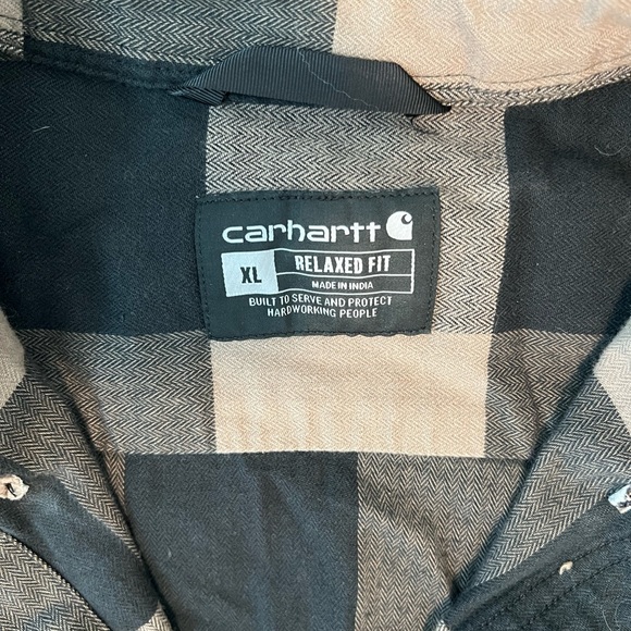Carhartt Men's XL Relaxed Fit Flannel Long-Sleeve Plaid Shirt Black and Tan - Picture 2 of 4